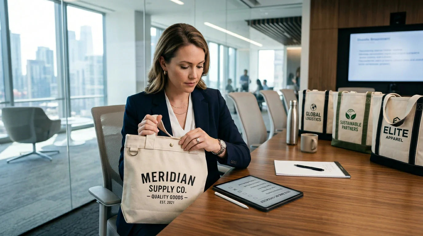 A professional B2B procurement team using a checklist to verify the manufacturing quality of custom canvas tote bags.