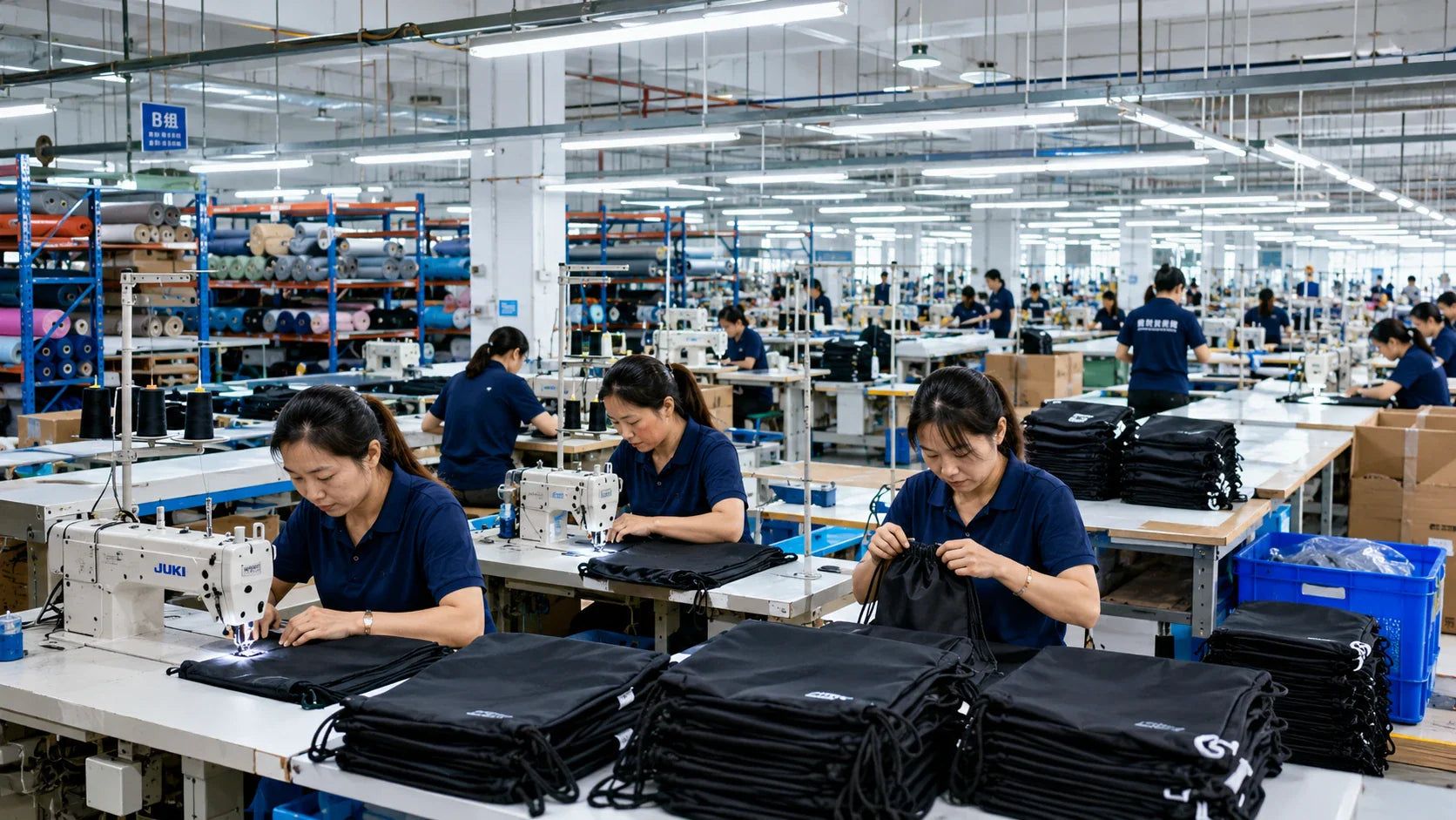 A clean and modern tote bag factory manufacturing high-quality custom drawstring bags.