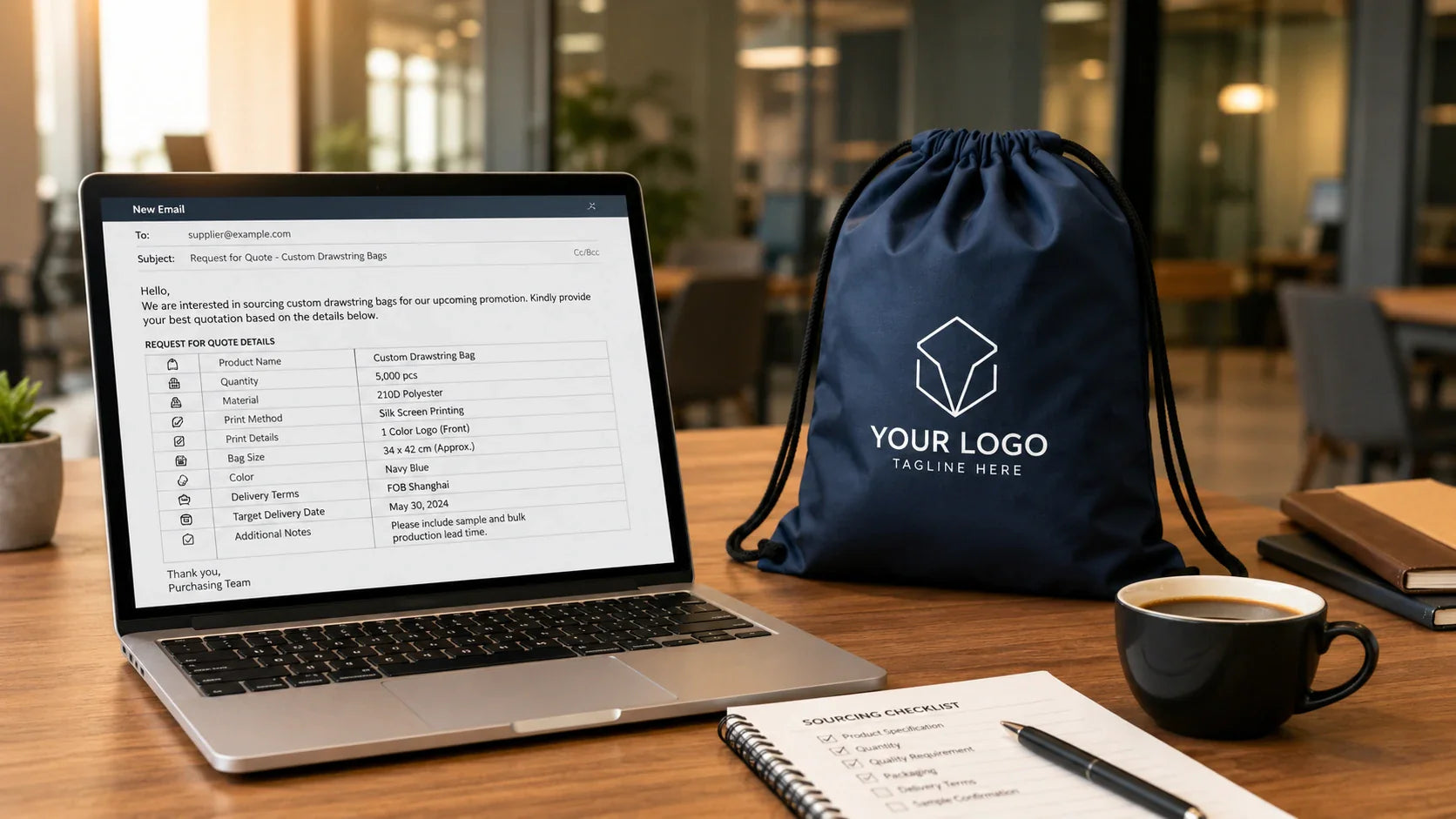 Professional B2B buyer preparing a factory quote for custom drawstring bags.