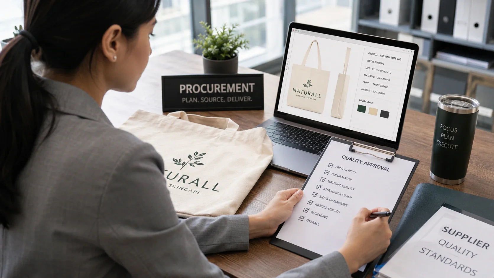 Procurement manager approving a digital proof and physical sample for Tote Bags Custom Logo.