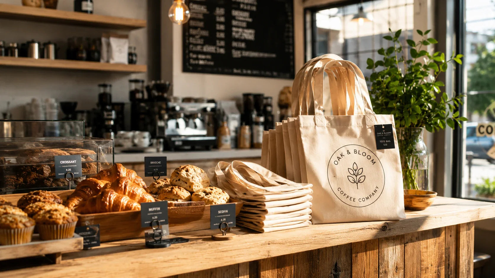 A trendy independent coffee shop displaying highly profitable branded tote bags for sale.