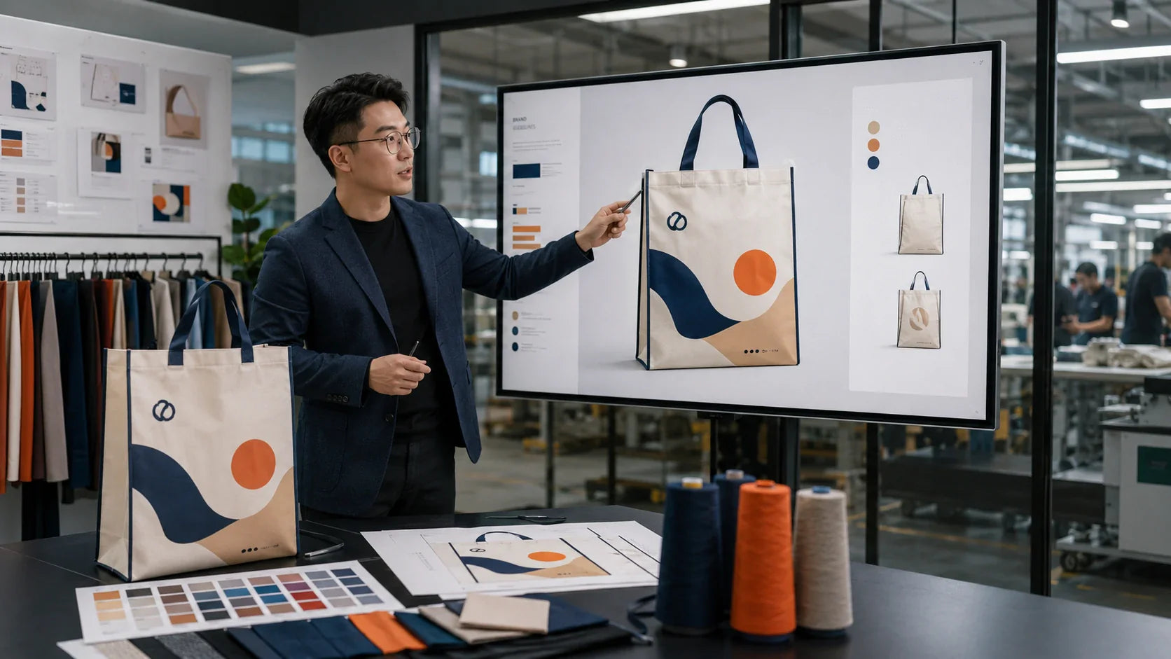A Chinese marketing expert at Tote Bag Factory designing a high-visibility custom reusable bag for a retail client.