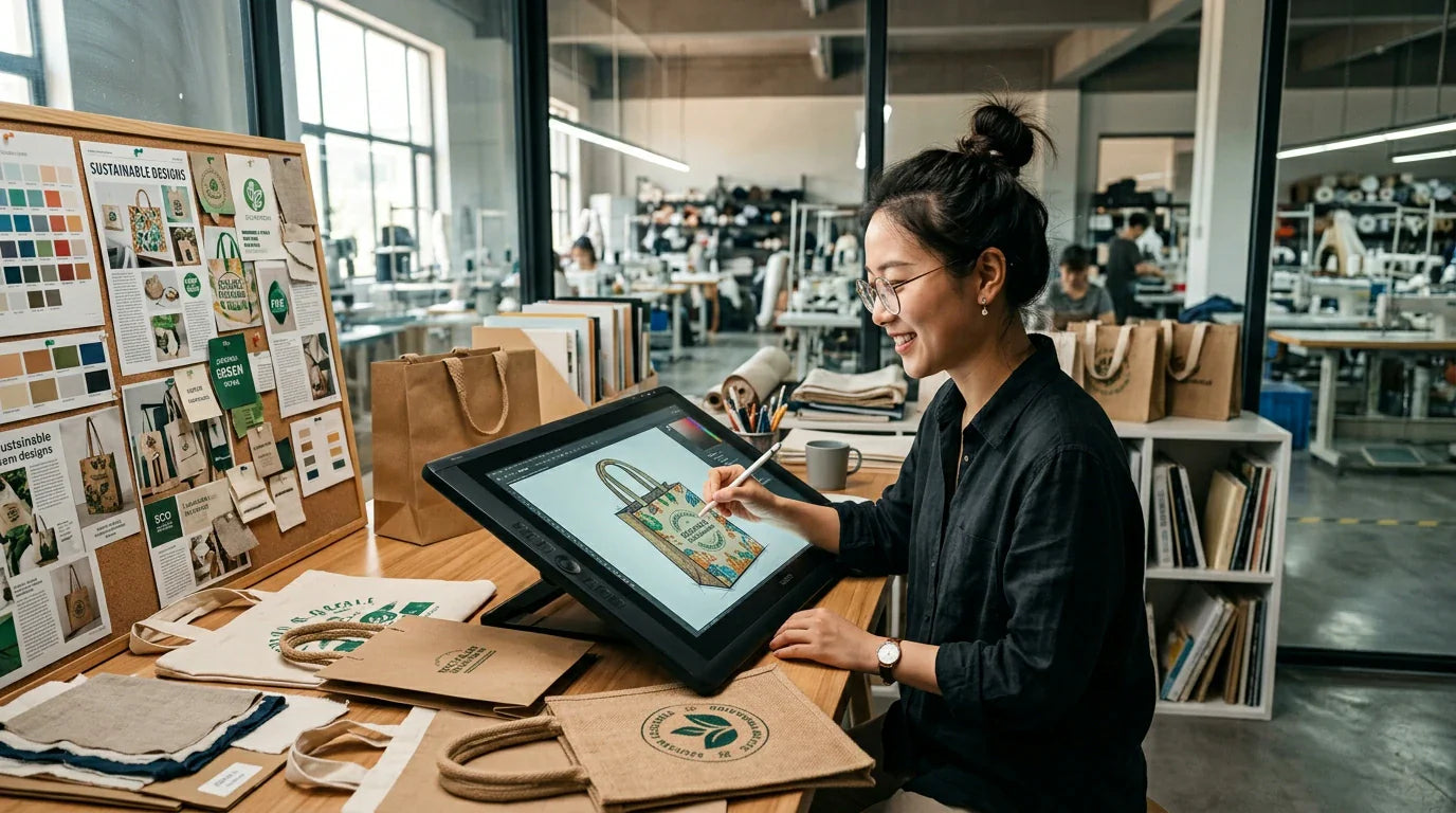 A Chinese printing expert at Tote Bag Factory comparing screen printed and heat transfer custom reusable bags.
