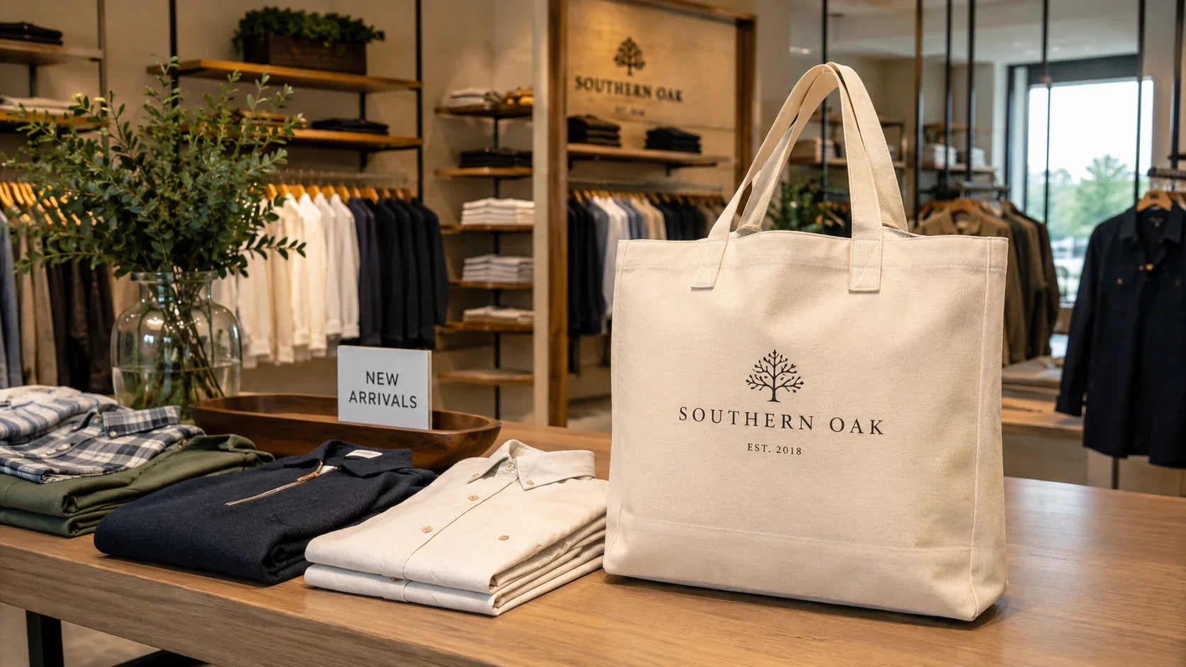 High-end retail display showcasing merchandise packed in premium custom printed cotton bags.