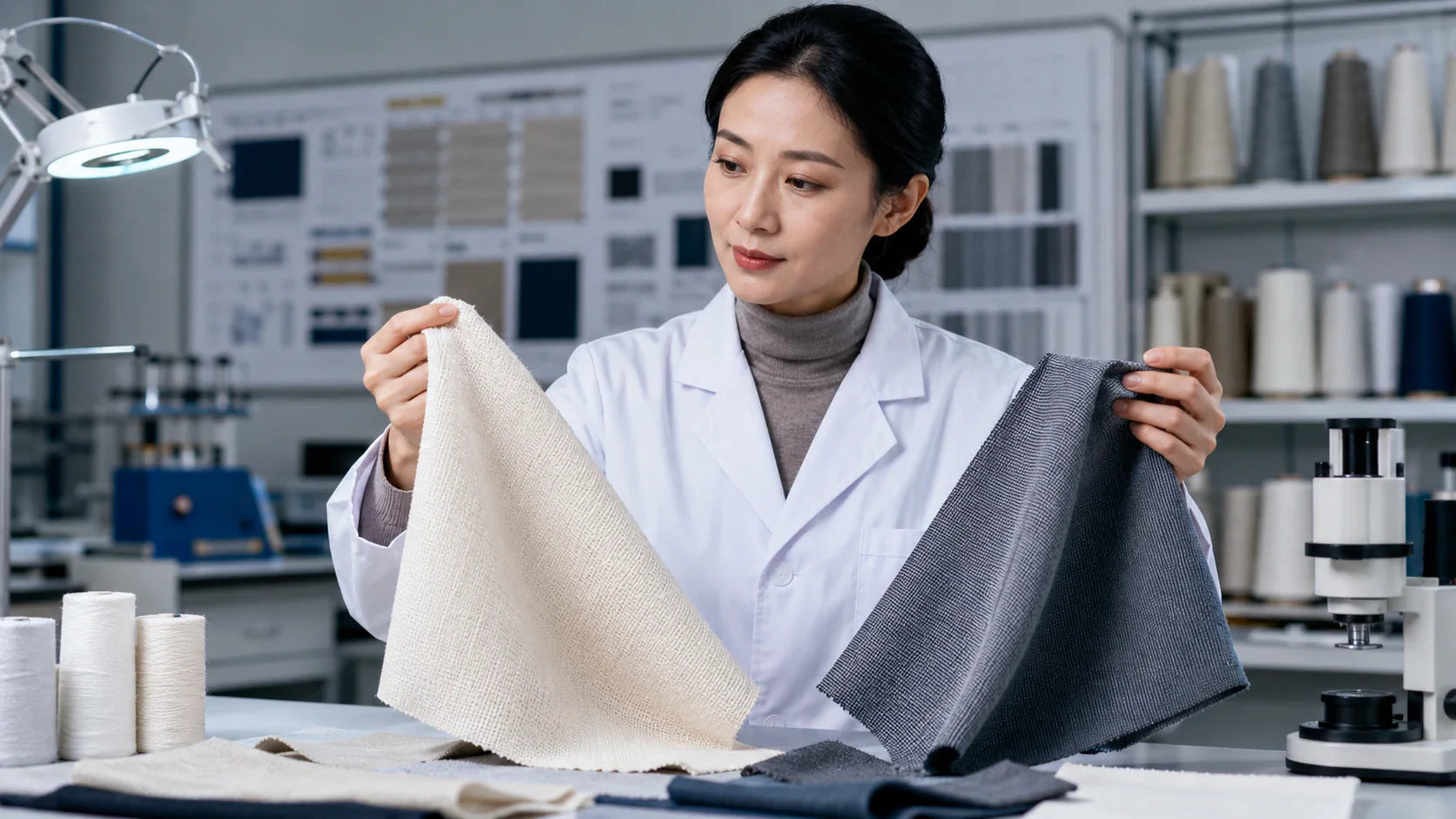 A Chinese textile specialist at Tote Bag Factory comparing the textures of RPET and Cotton fabrics for custom reusable bags.