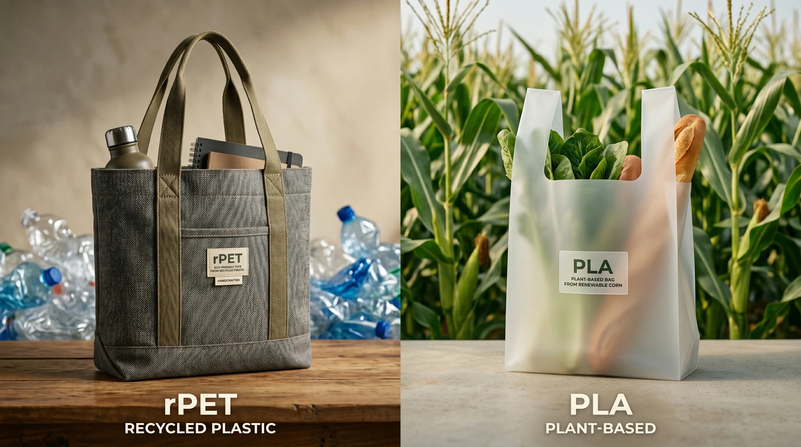 A side-by-side comparison of a woven Recycled PET (rPET) tote bag and a frosted, plant-based custom PLA bag.