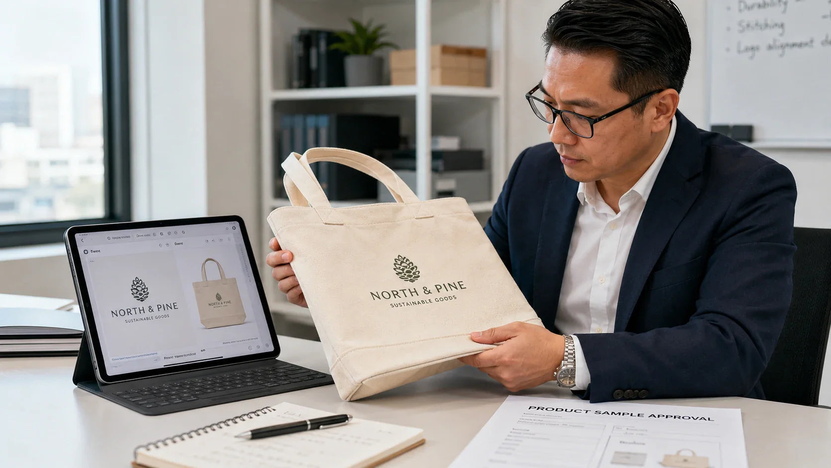 A procurement manager carefully inspecting a physical sample of a custom tote bag alongside a digital proof on a tablet.