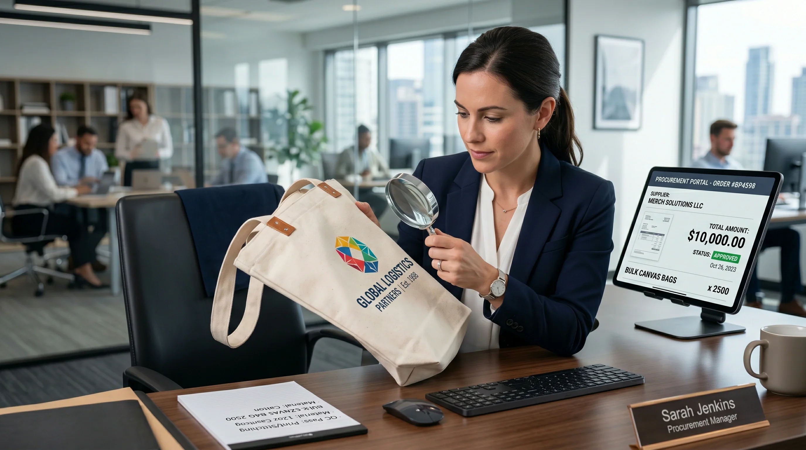 A procurement manager carefully inspecting a physical sample of a custom tote bag alongside financial documents.