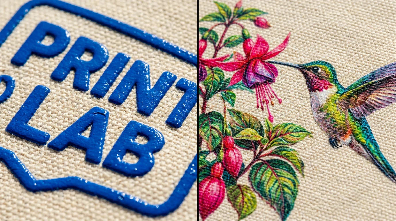 Macro comparison of thick screen printing ink versus smooth digital DTG printing on custom canvas tote bags.
