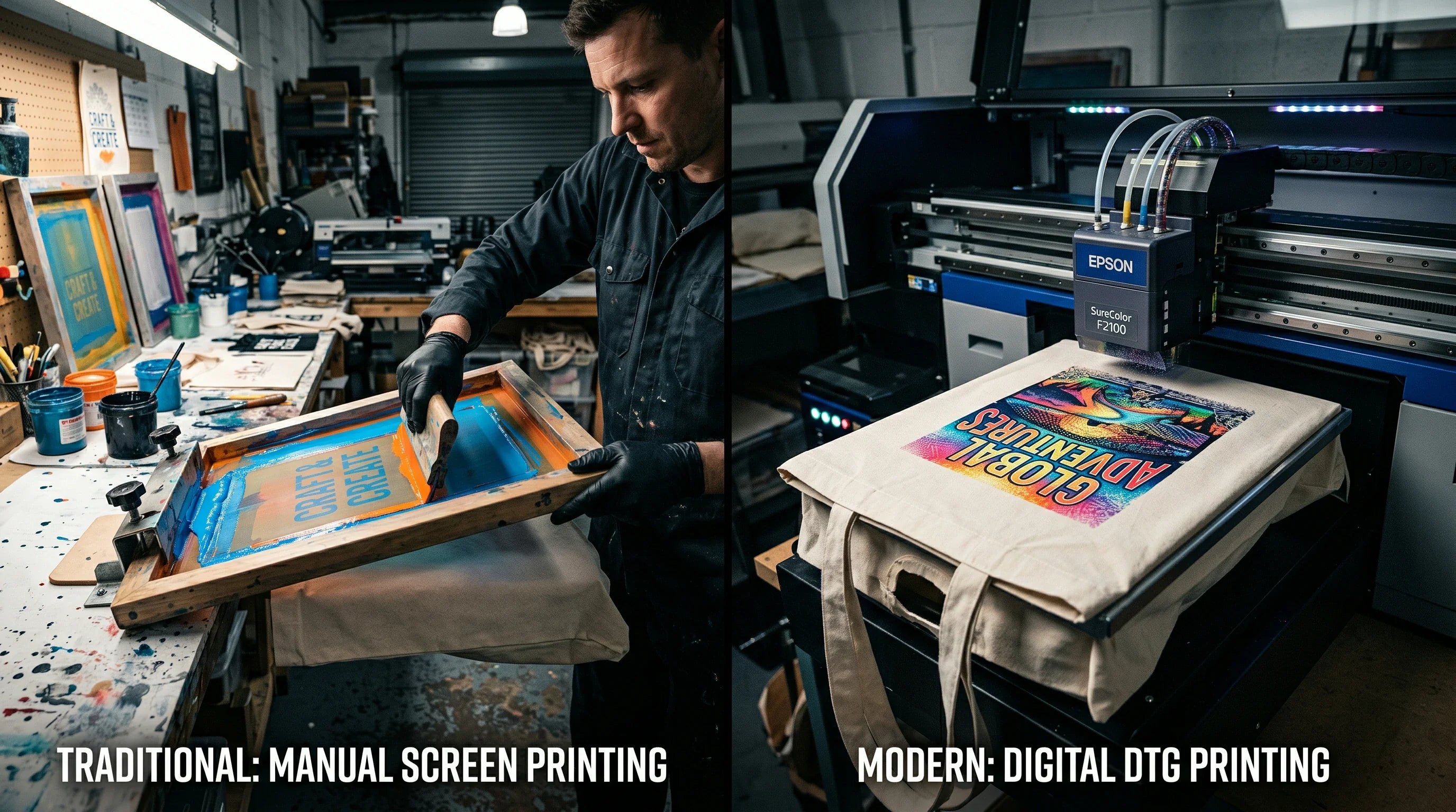 A side-by-side comparison showing a screen printing squeegee and a digital DTG printer working on custom tote bags.