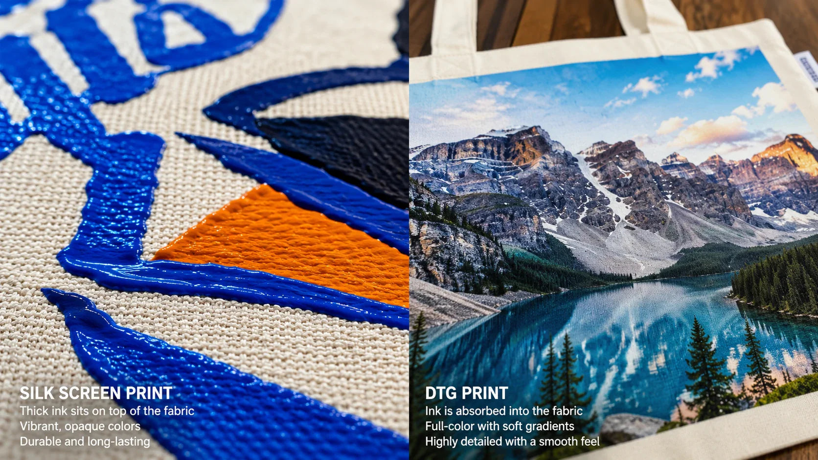 Comparison of screen printing versus DTG for custom printed tote bags