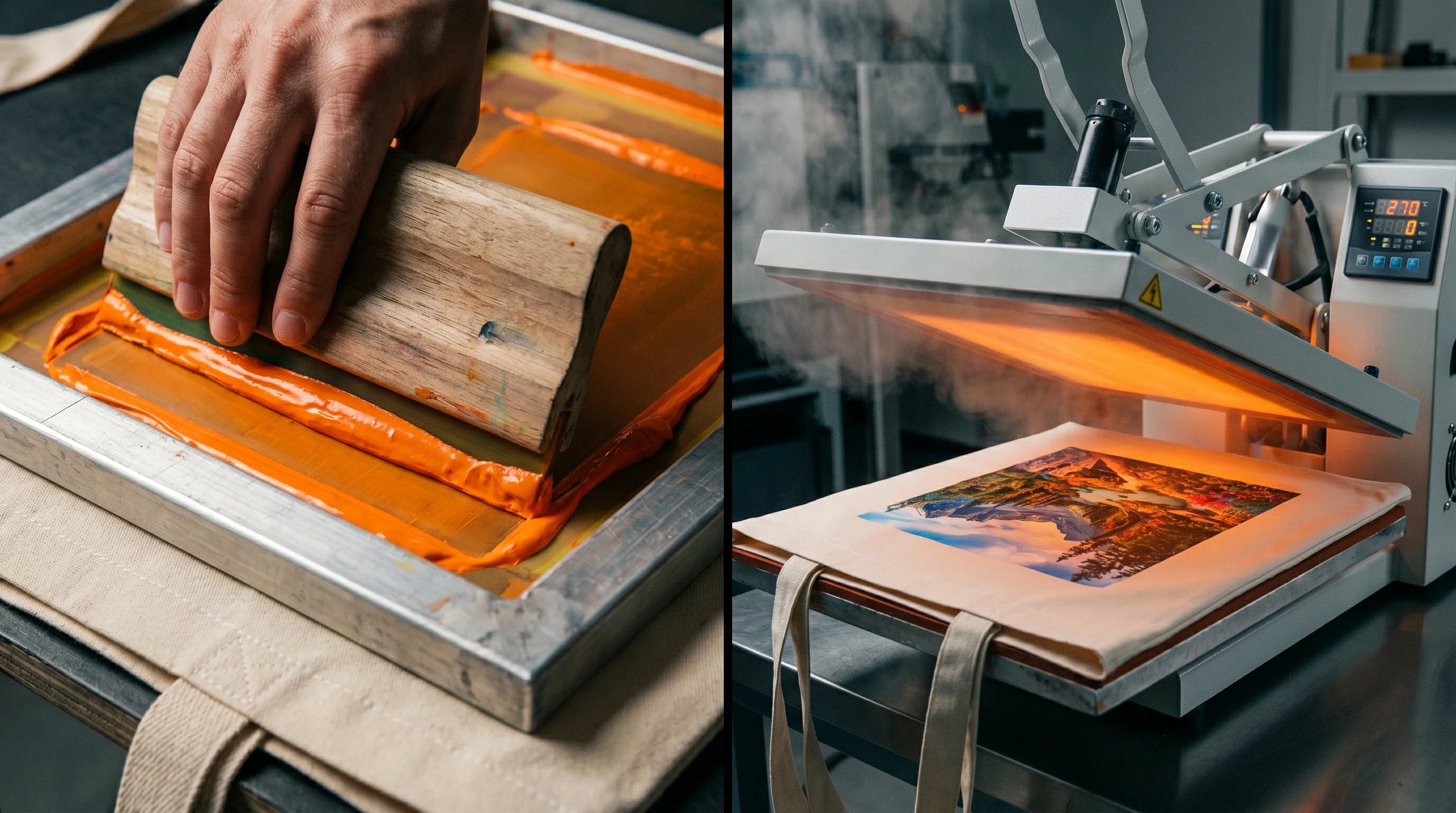 A visual comparison of a screen printed canvas bag and a heat transfer printed tote bag.