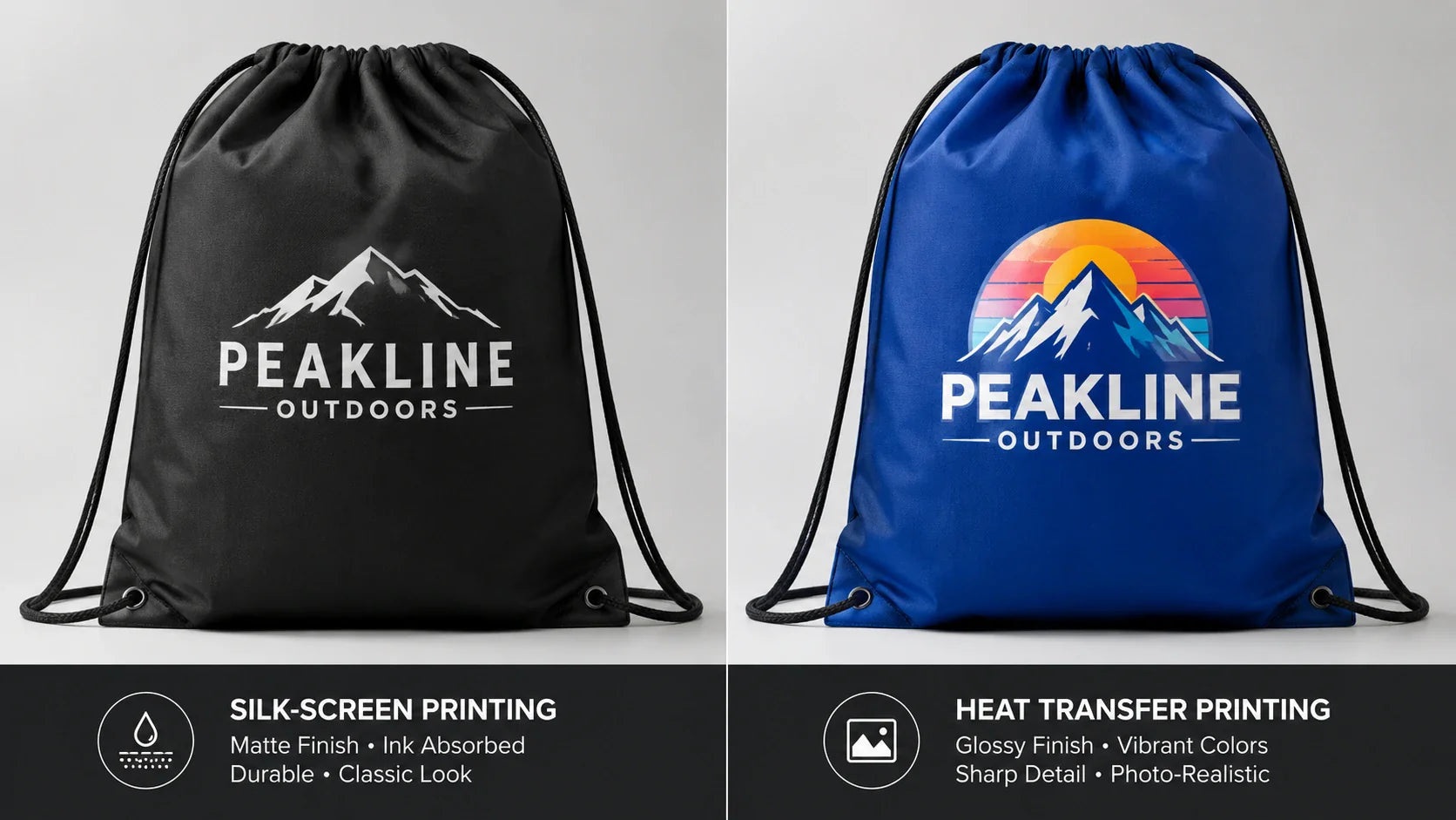 Comparison of silk screen printing and heat transfer on custom drawstring bags.