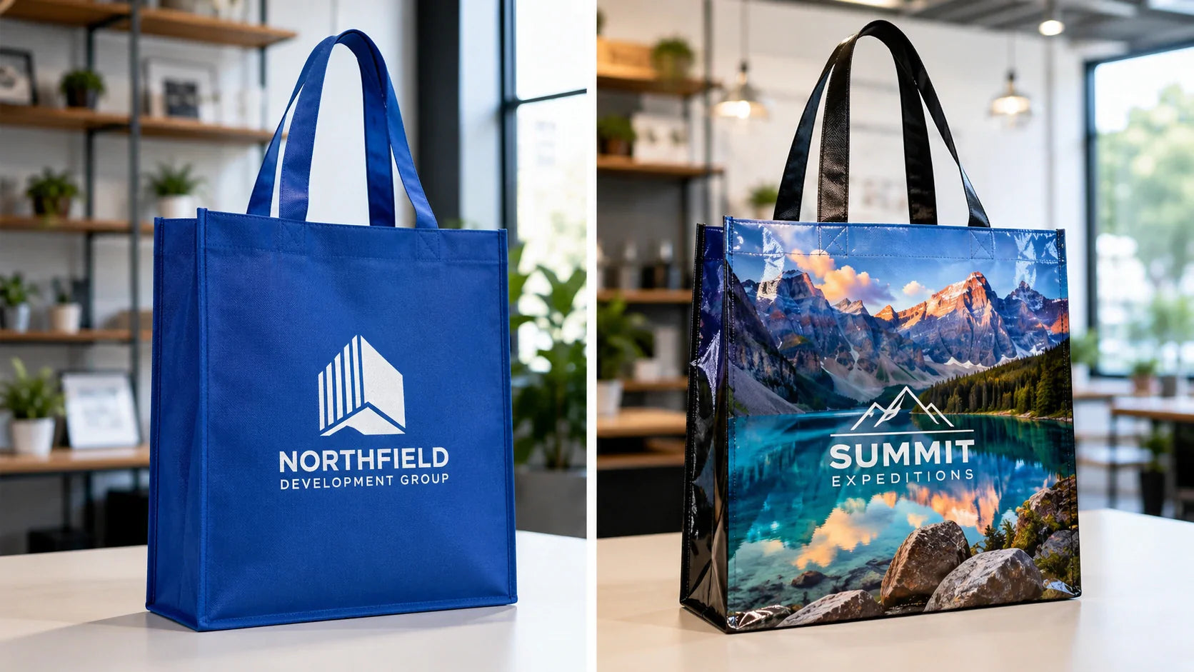 Comparing screen printing and heat transfer techniques on custom non woven tote bags.