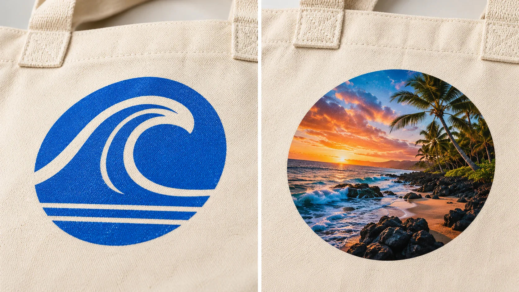 Side-by-side comparison of screen printing and heat transfer on Tote Bags Custom Logo.