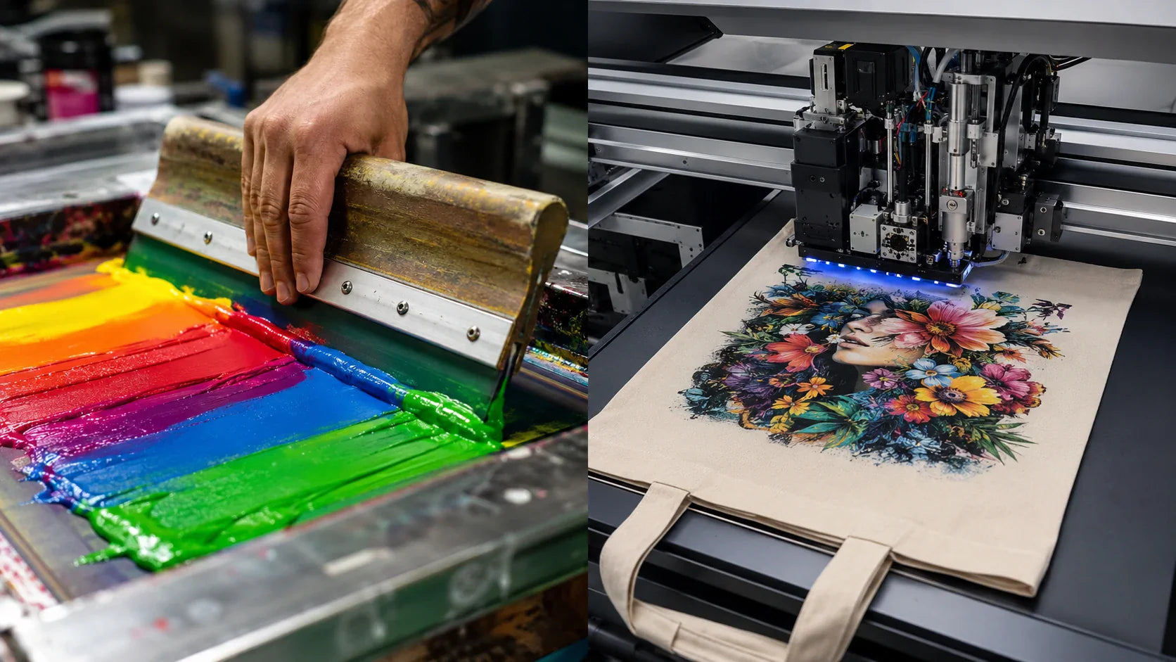 A visual comparison of traditional screen printing and digital DTG printing on custom cotton bags.