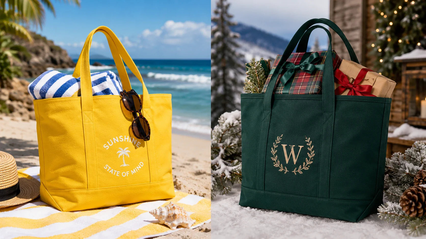 Comparing vibrant summer beach bags and luxurious winter holiday Tote Bags Custom Logo.