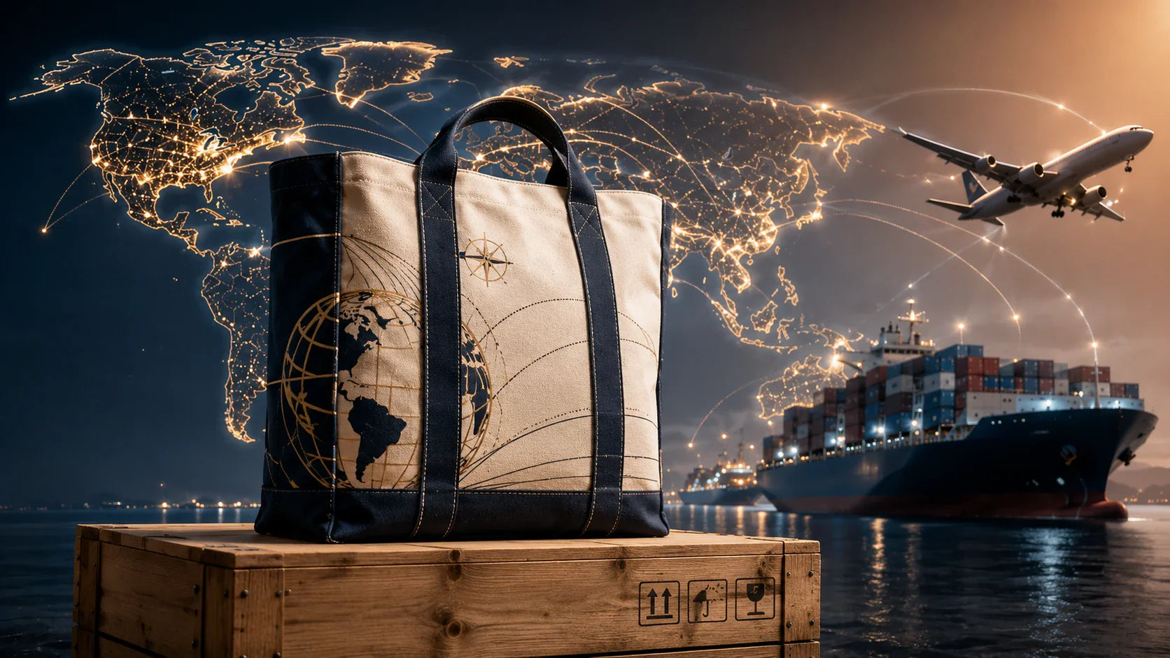 A conceptual image showing a cargo ship and an airplane transporting custom tote bags across a digital globe.