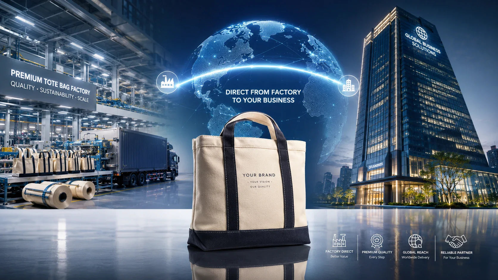 A conceptual image representing a direct global supply chain from a high-tech factory to a corporate buyer.