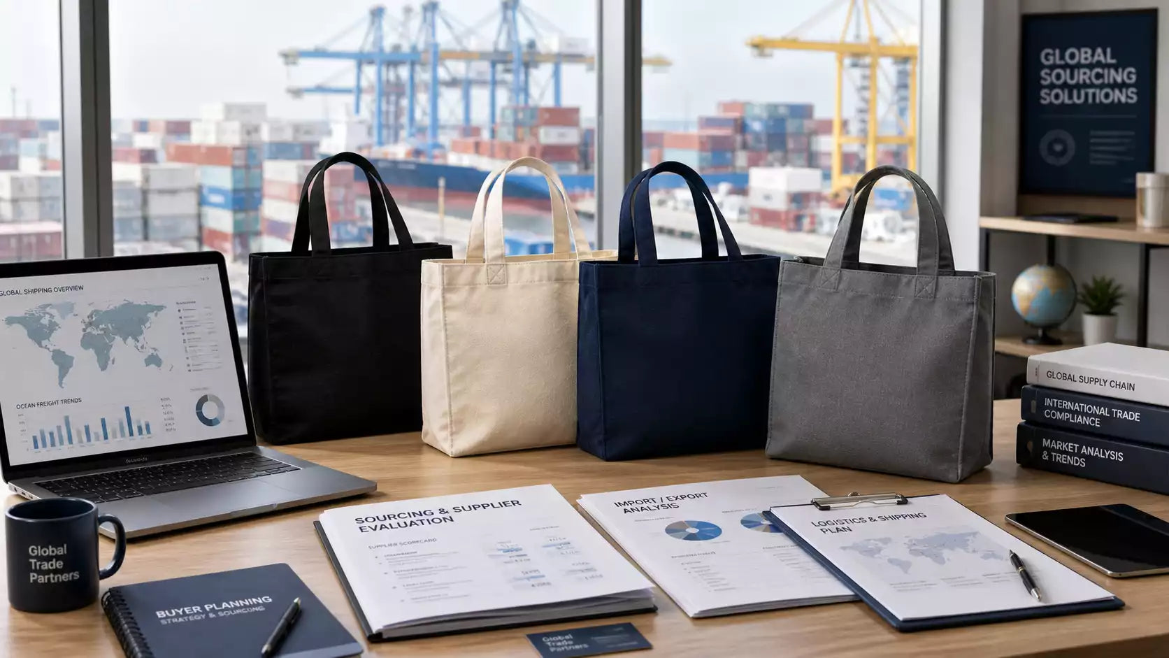 A professional setup showing global logistics charts, shipping containers in the background, and blank custom tote bags on a desk.