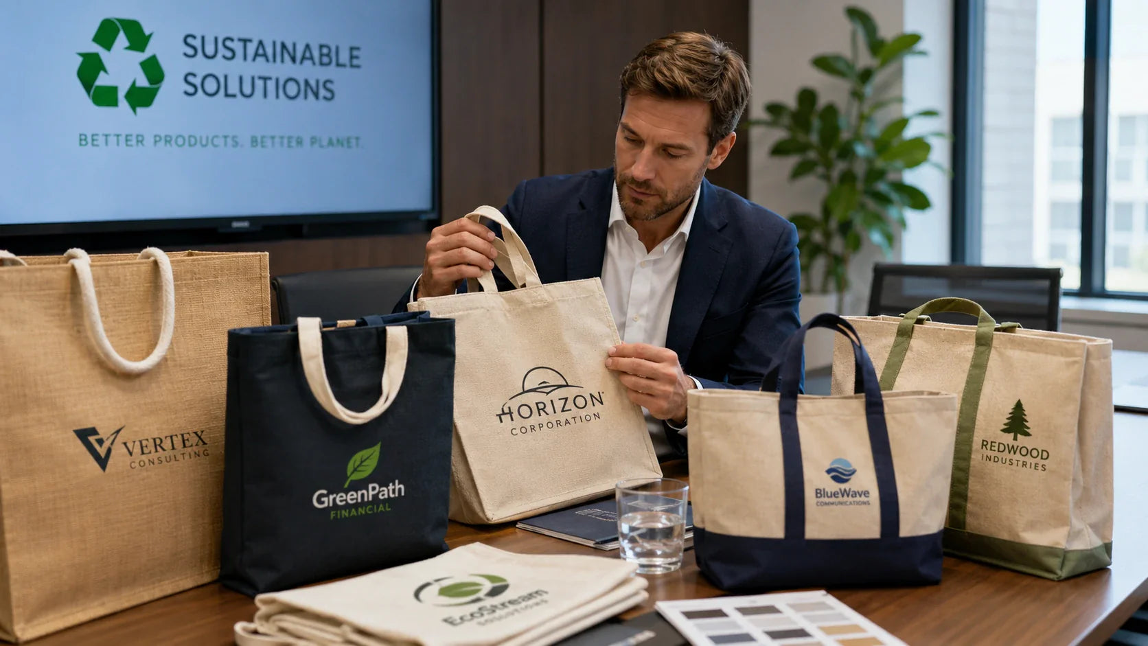 A B2B buyer examining high-quality promotional recycled tote bags during a sourcing meeting.