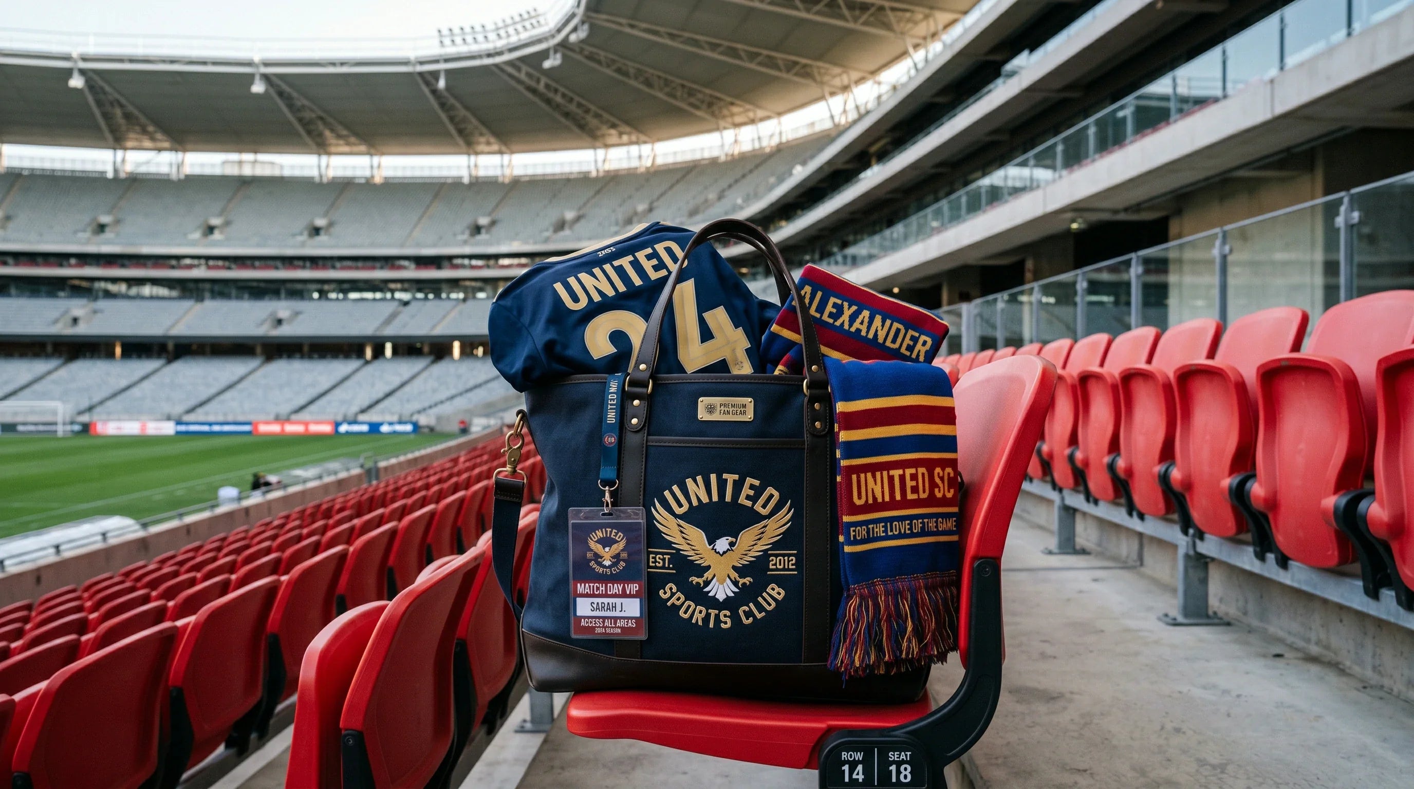 A premium custom tote bag filled with sports team merchandise resting on a stadium seat.