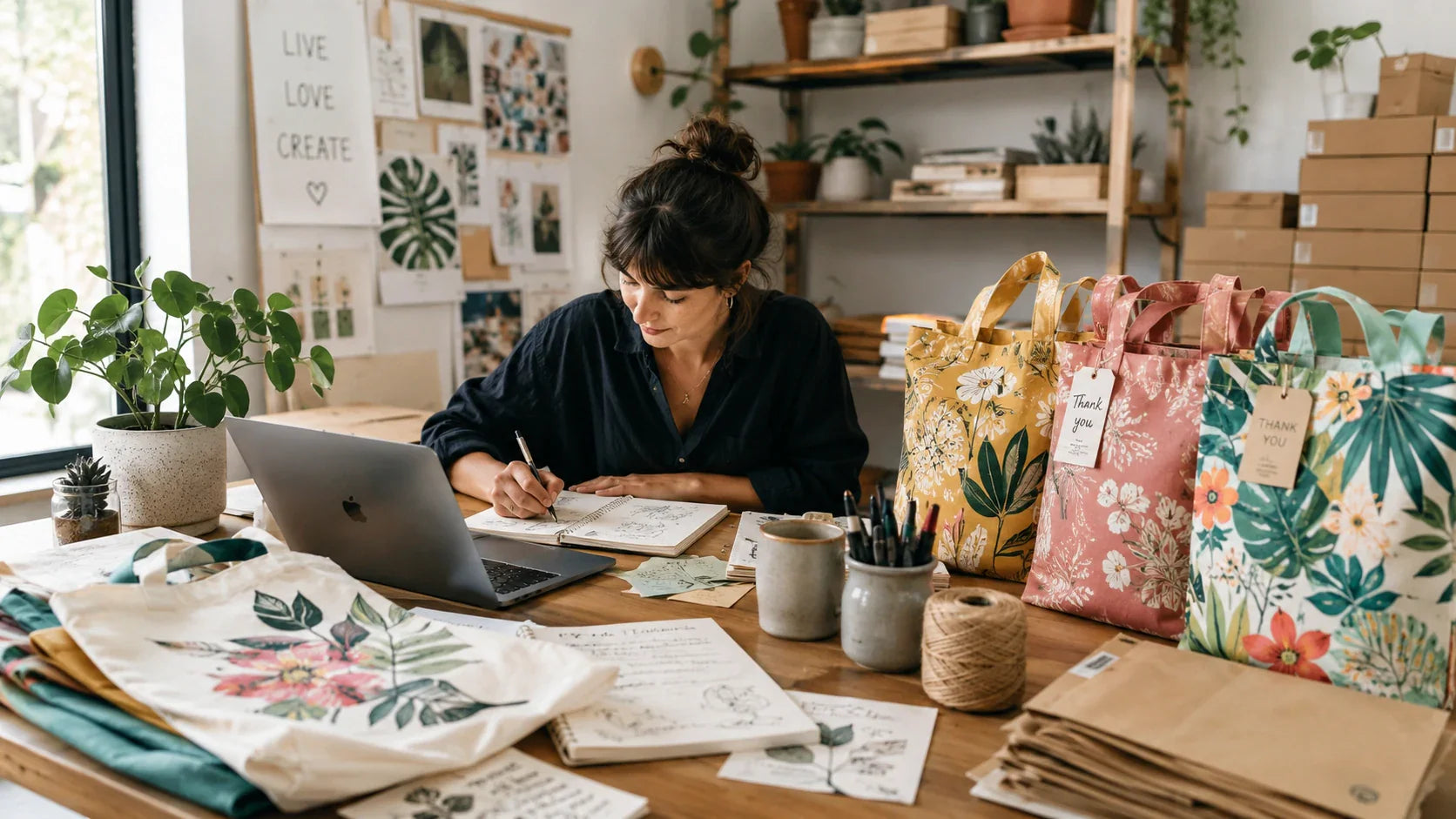 Independent designer workspace with custom printed tote bags for a new business