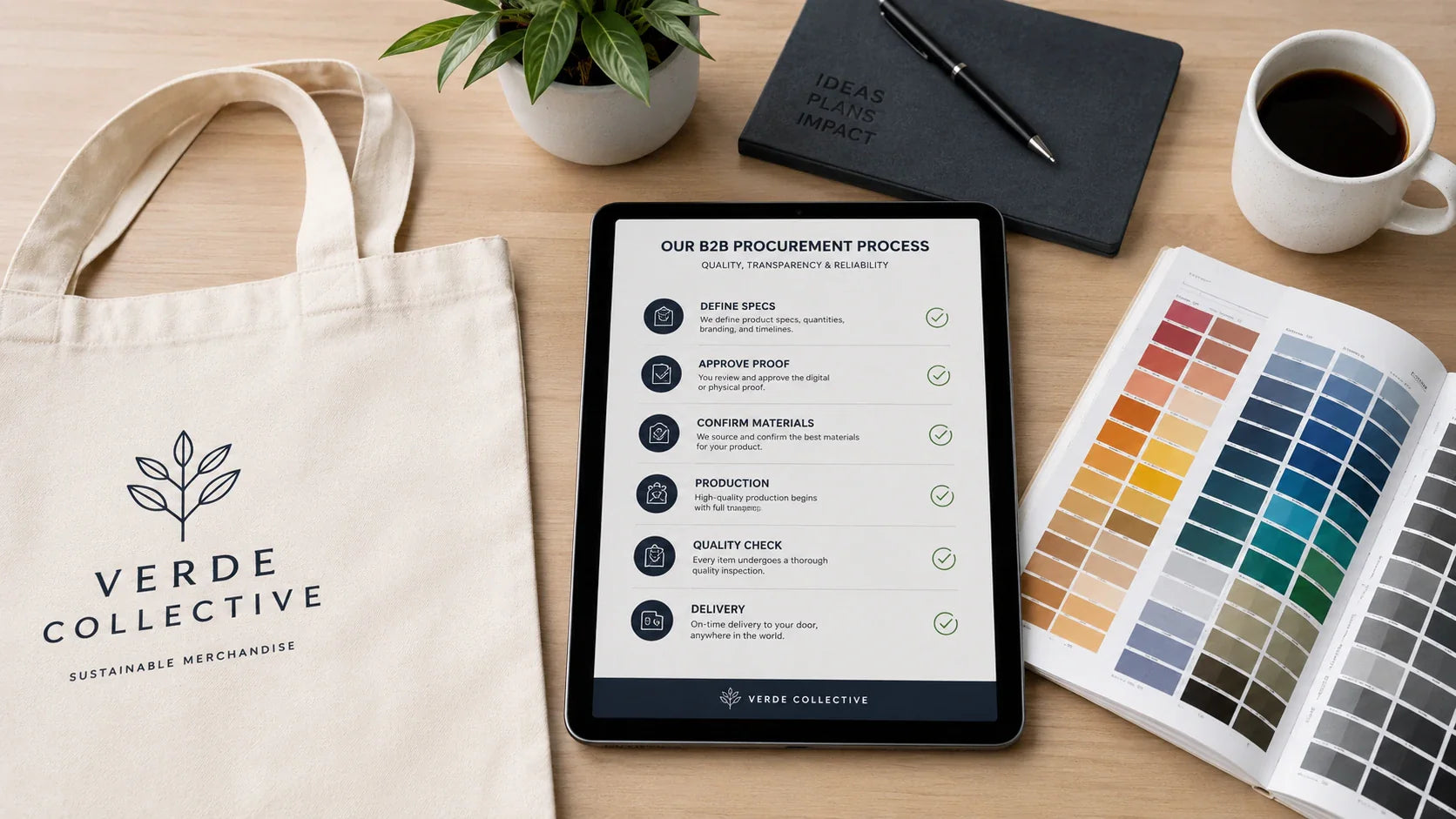 A B2B procurement manager reviewing a step-by-step guide for ordering custom tote bags from a direct factory.