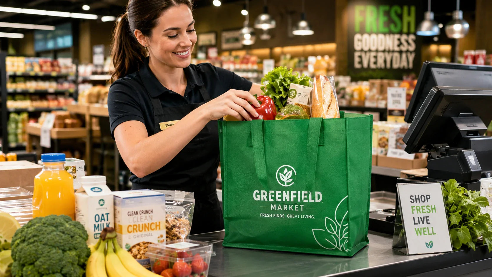Cashier efficiently packing groceries into upright custom non woven tote bags at a supermarket.