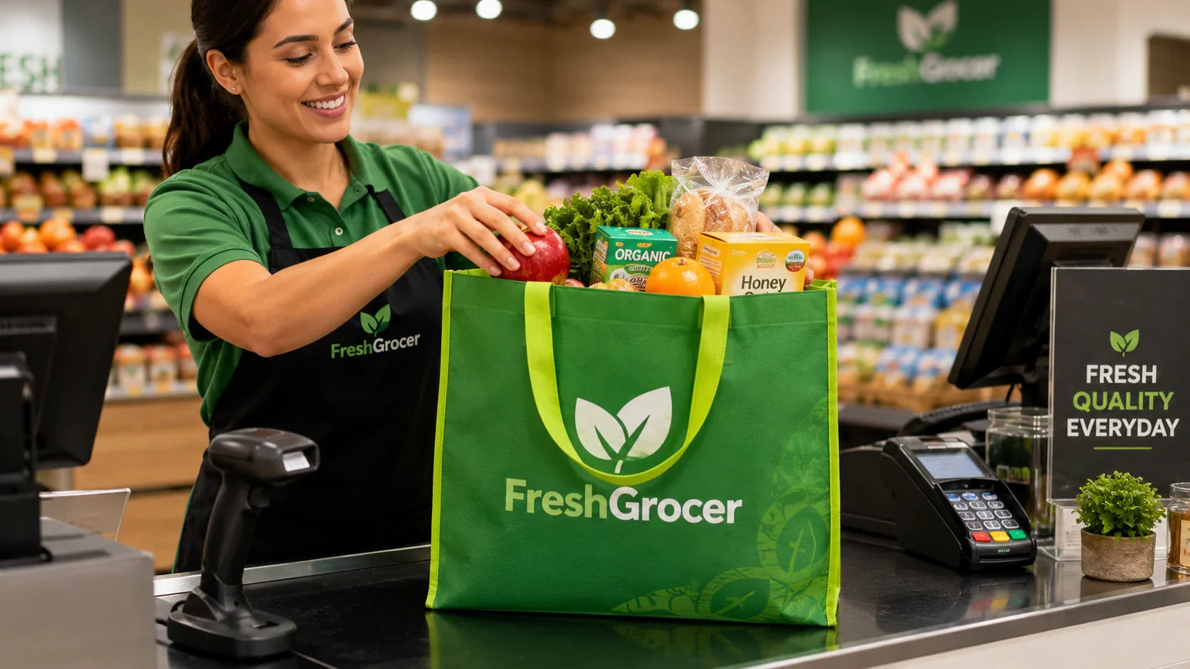 Cashier packing groceries into sturdy custom non woven tote bags at a supermarket checkout.