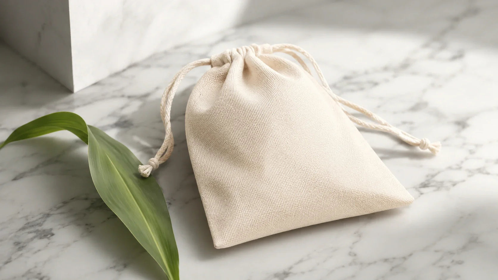 Premium sustainable custom drawstring pouch used for high-end eco-friendly packaging.