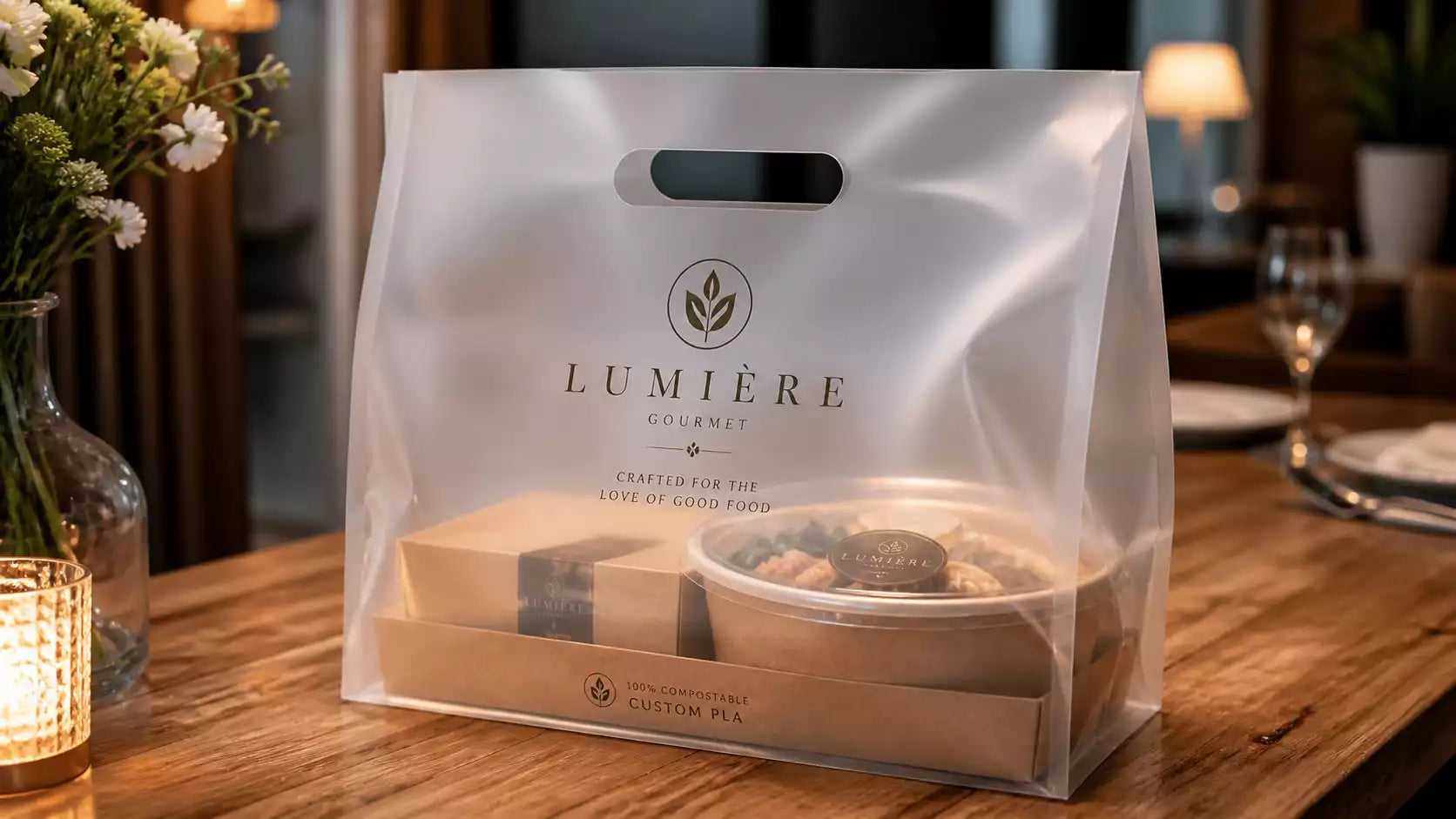 Premium gourmet takeout food packaged in a frosted Custom PLA Bag.
