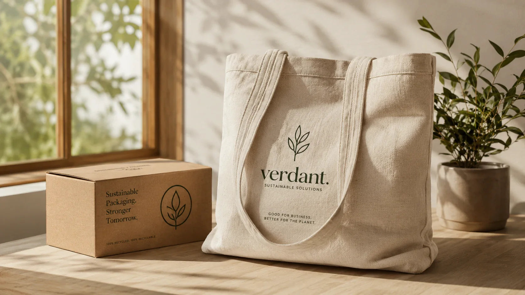 A premium custom canvas tote bag displayed on a wooden table with a green plant, representing sustainable packaging.