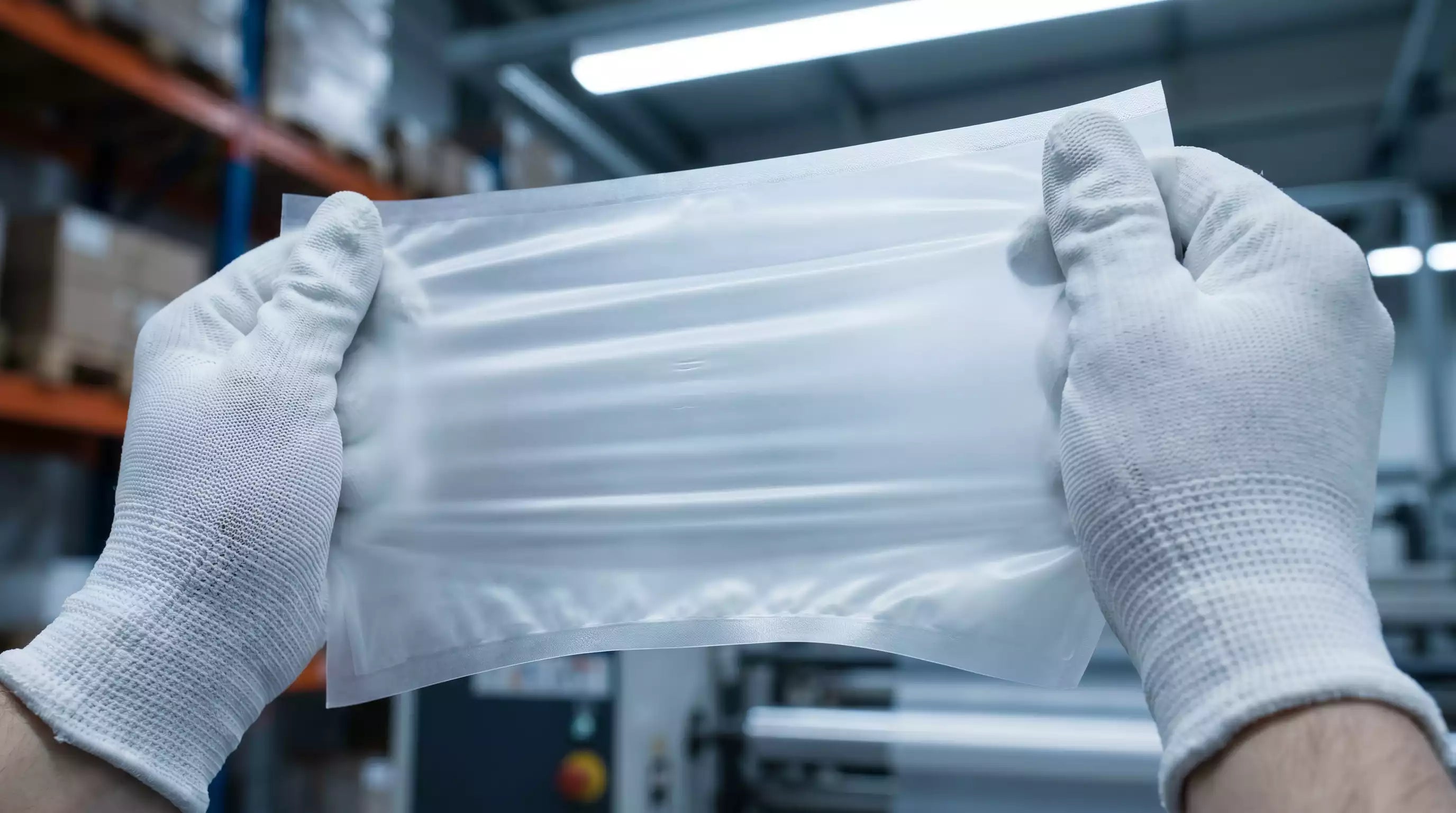 Hands stretching a Custom PLA Bag to demonstrate its high tensile strength.