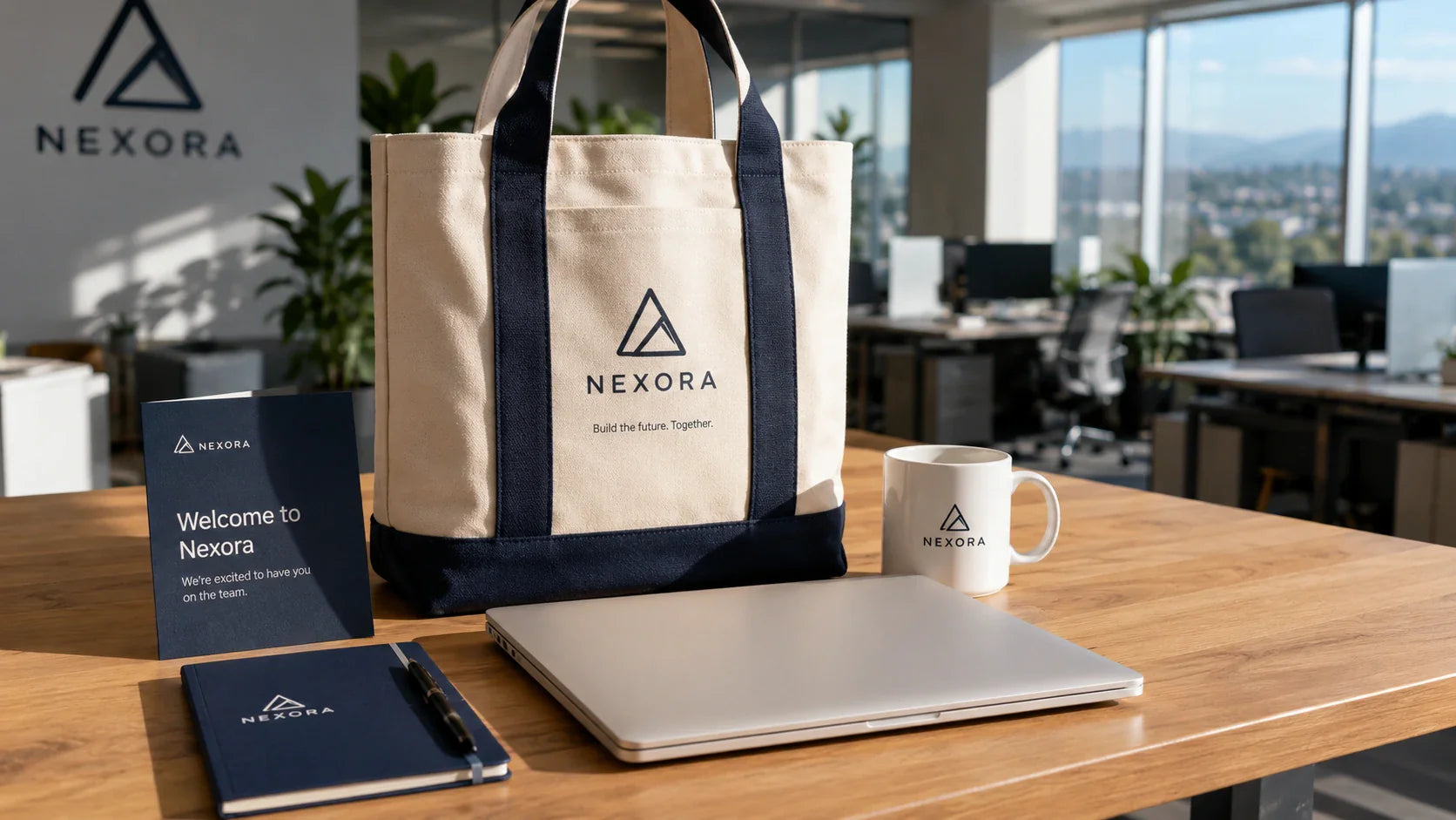 A premium new-hire onboarding kit featuring a laptop and an elegant custom canvas tote bag on a modern office desk.