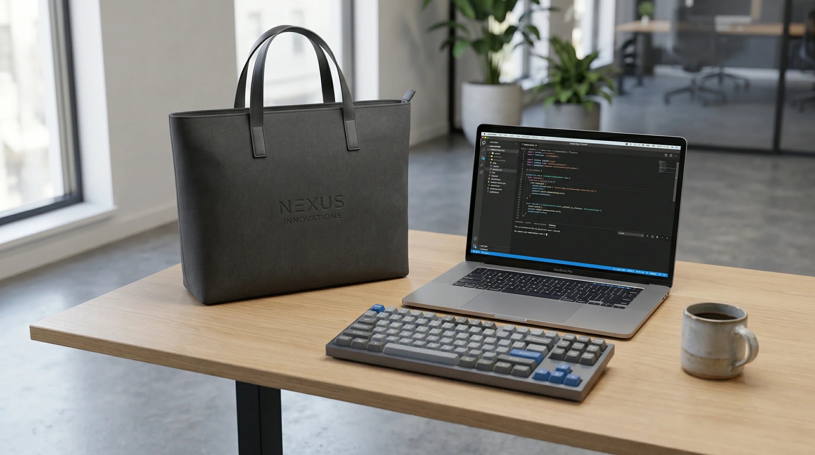Premium custom tote bags displayed on a sleek modern desk alongside a laptop and coding accessories.