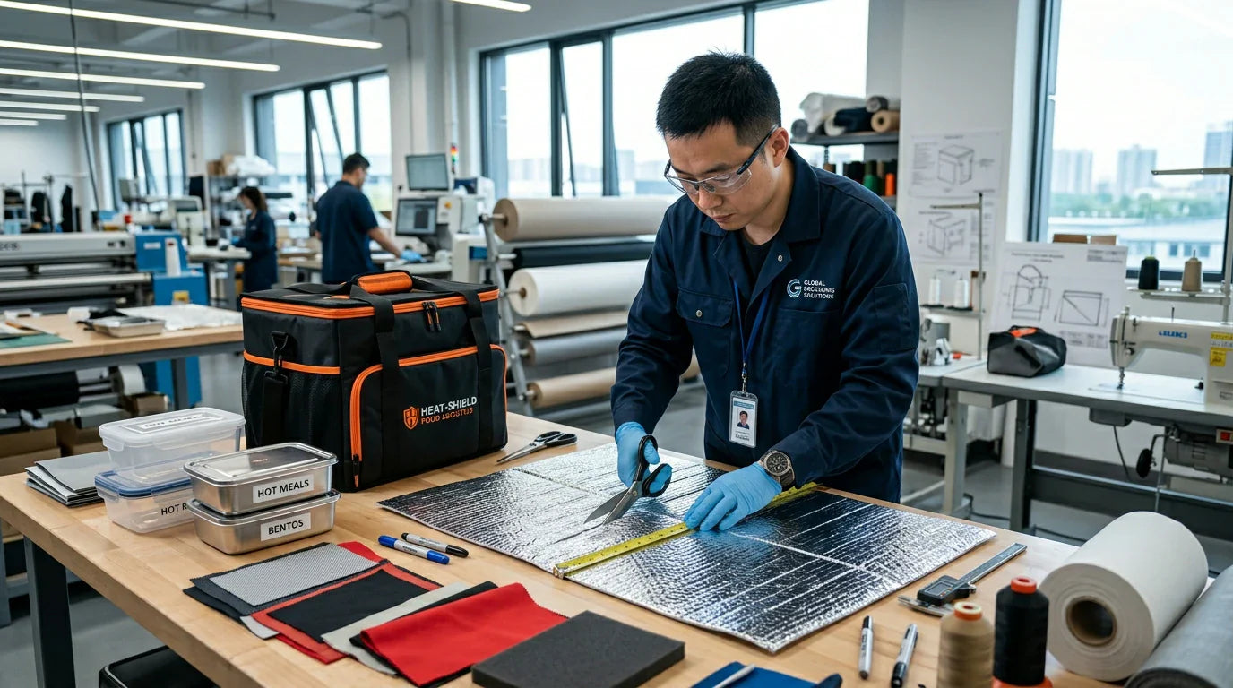 A Chinese textile engineer at Tote Bag Factory designing the foil insulation layers for a custom reusable delivery bag.