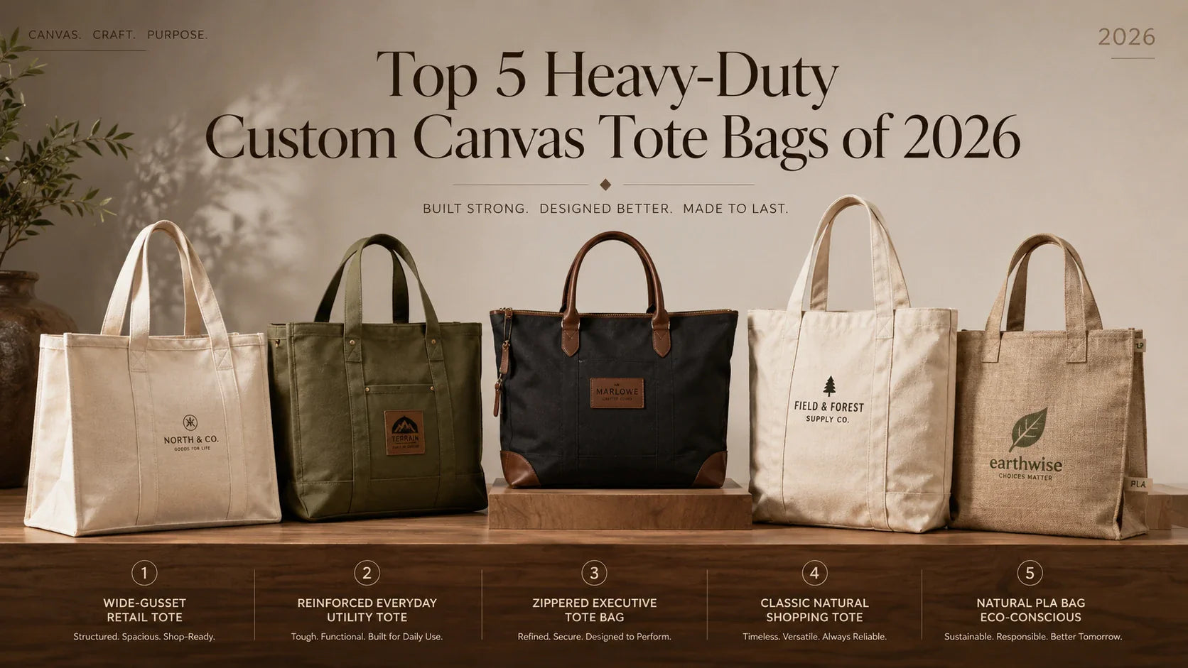 A premium editorial display of the top 5 heavy-duty custom canvas tote bags for 2026.