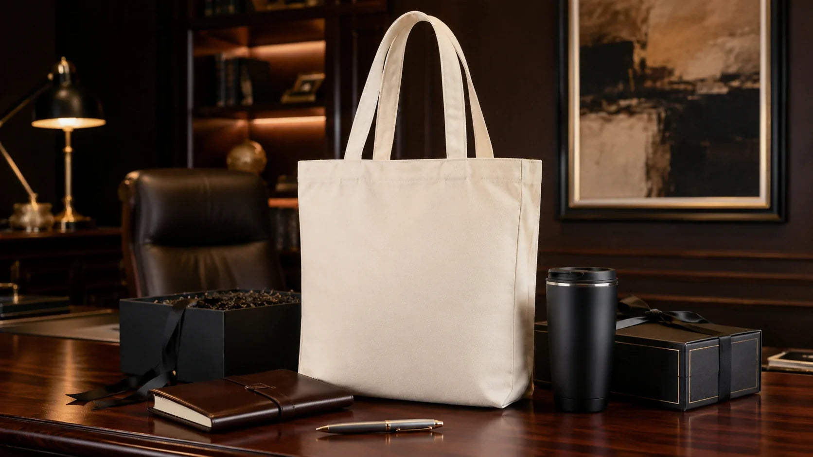 Premium Tote Bags Custom Logo used as a high-end corporate gift with office accessories.