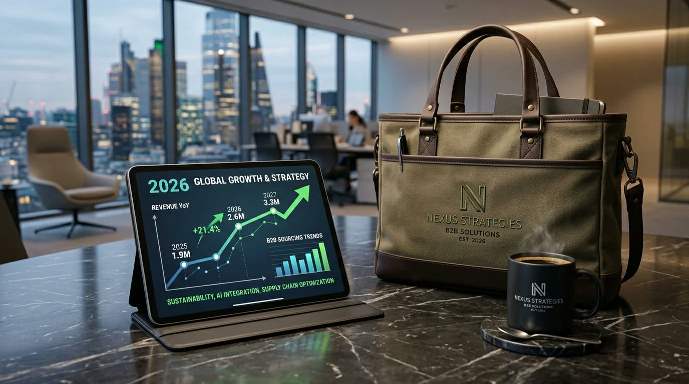 A digital tablet showing 2026 business trends next to a high-quality custom canvas tote bag on a corporate desk.