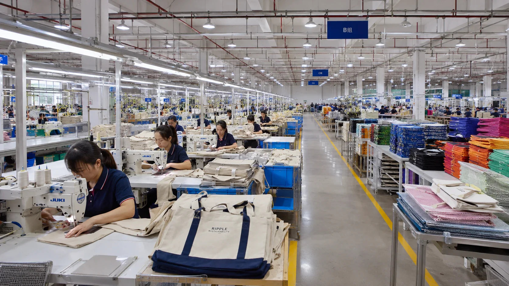 A wide view of a modern, clean tote bag factory producing personalized beach bags in bulk for B2B wholesale.