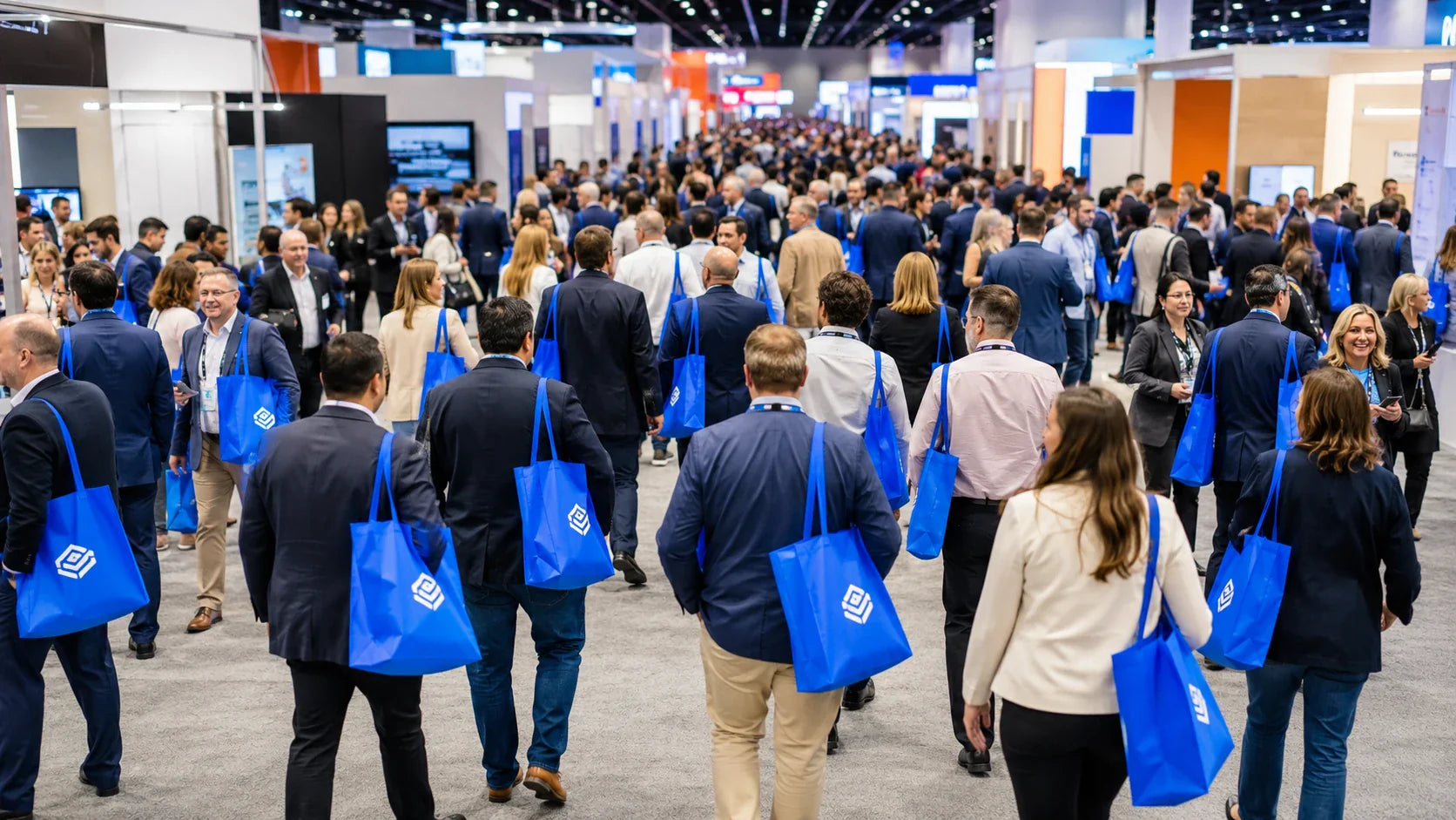 A bustling trade show floor where almost every attendee is carrying a highly visible custom tote bag.