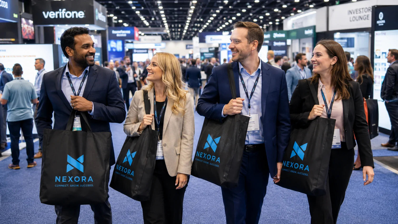 A busy corporate trade show floor with attendees carrying large, vibrantly colored promotional custom shopping bags.