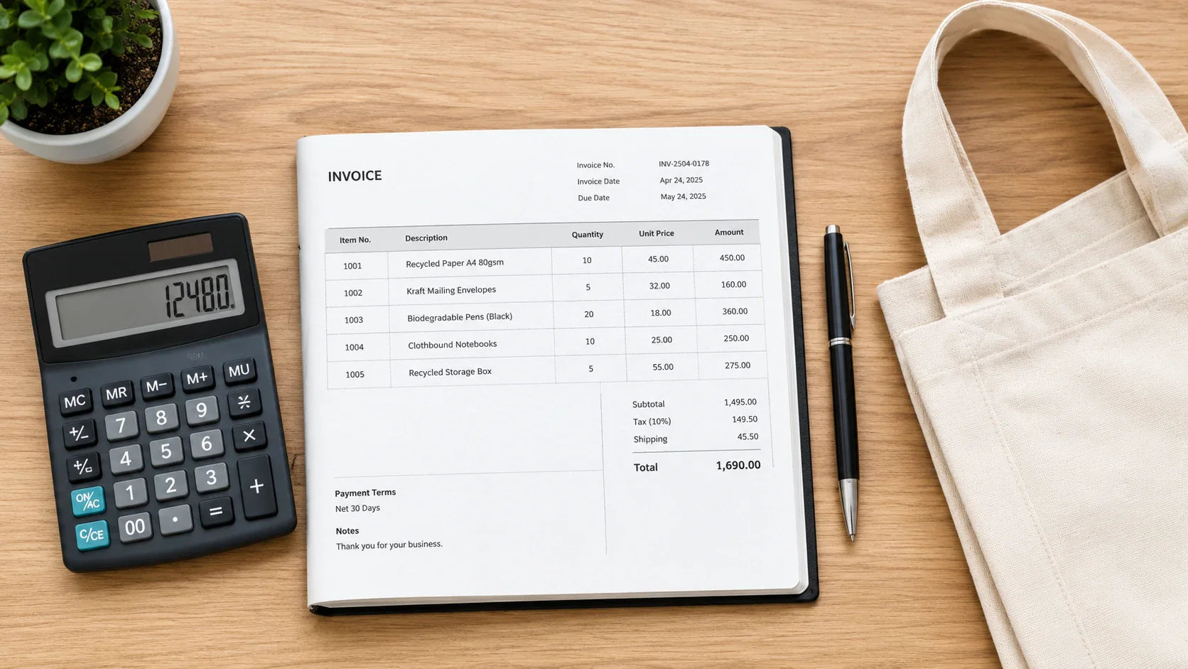 A calculator, pen, and invoice showing transparent pricing for custom tote bags.