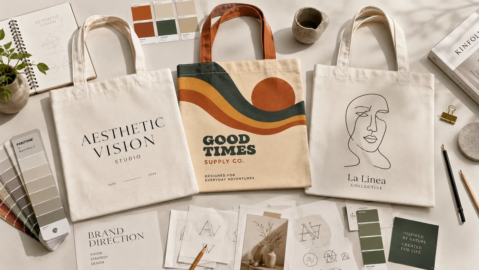 A creative mood board displaying multiple custom tote bags with various trending designs, from minimalist to vintage.