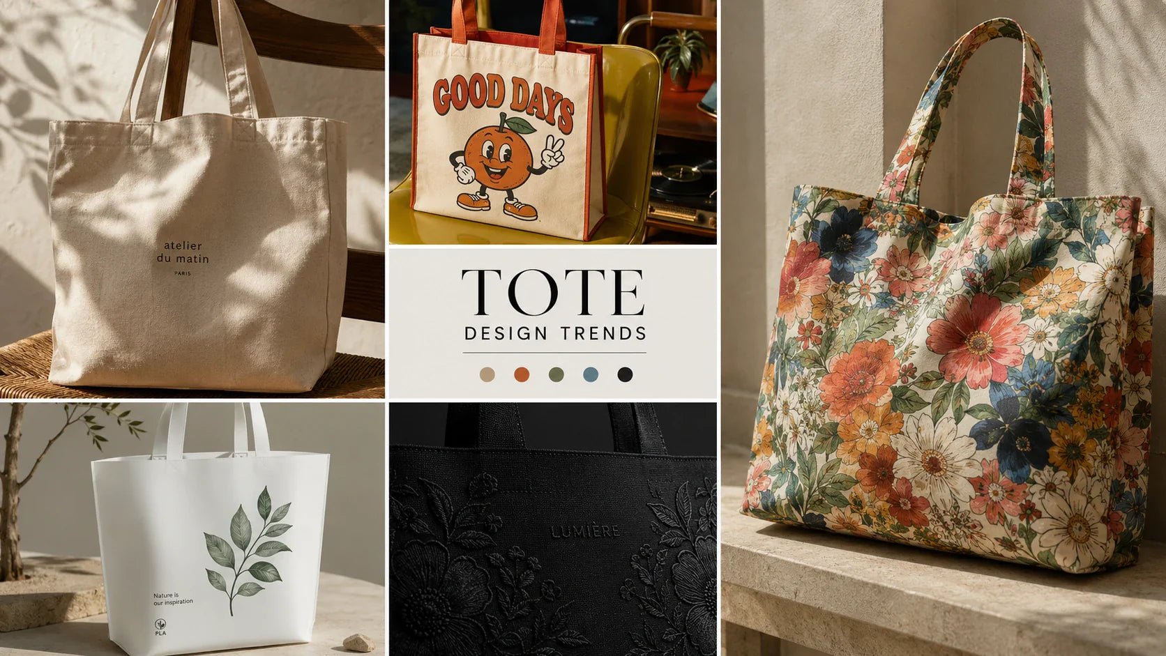 Collage of the top 10 trending design ideas for Tote Bags Custom Logo.