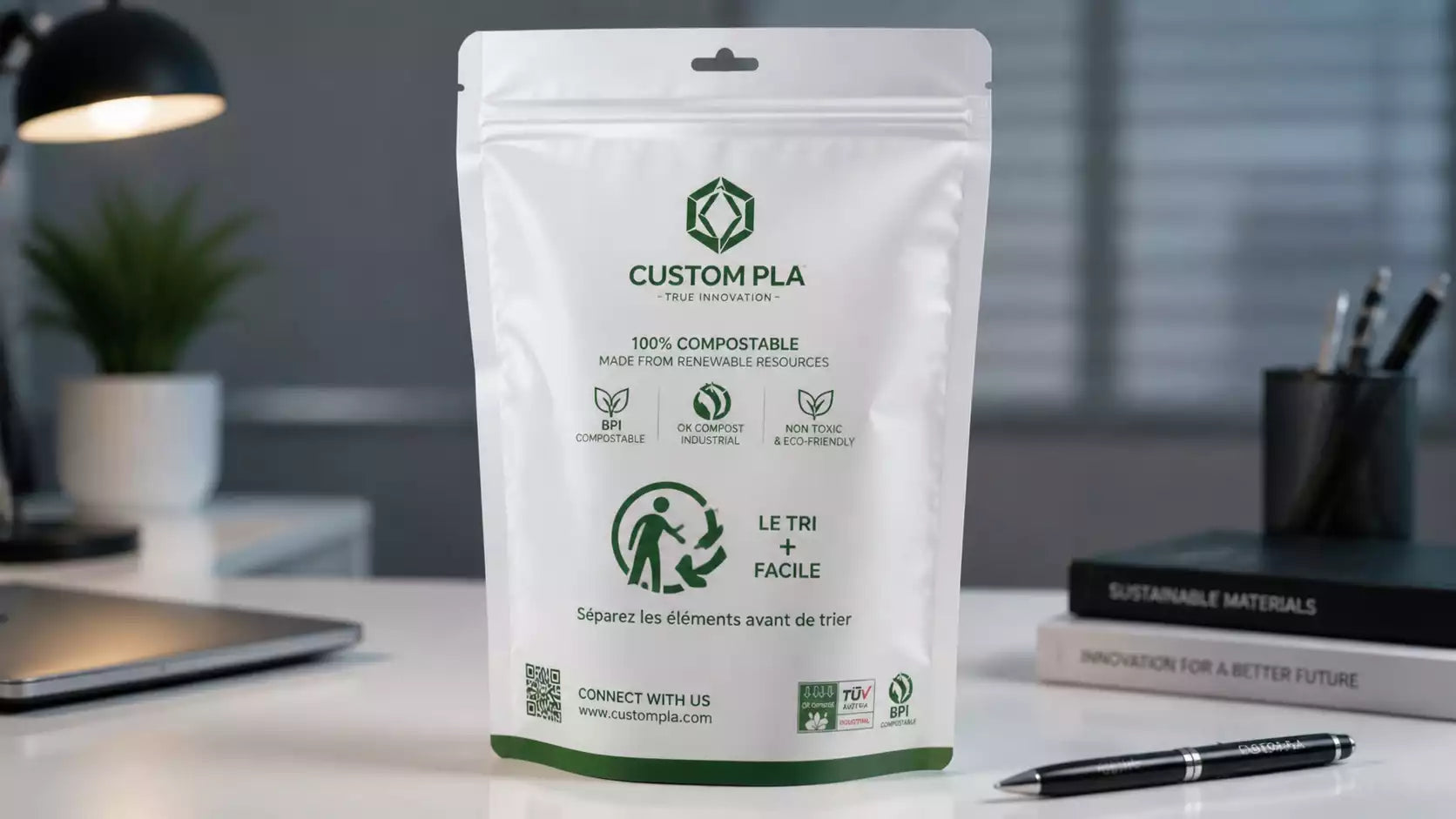 A Custom PLA Bag clearly displaying the mandatory French Triman logo.
