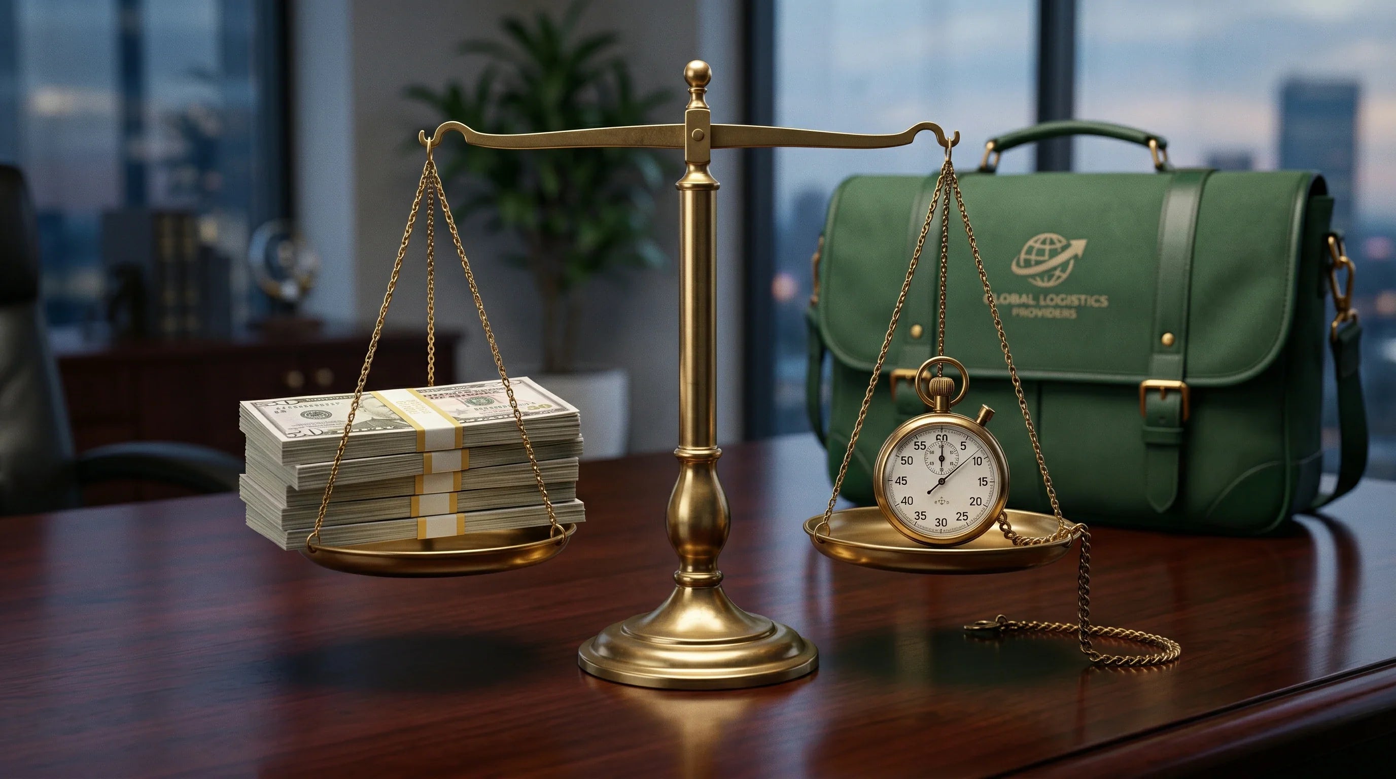 A conceptual image showing a golden stopwatch balancing on a scale against a stack of money, with a custom tote bag in the background.
