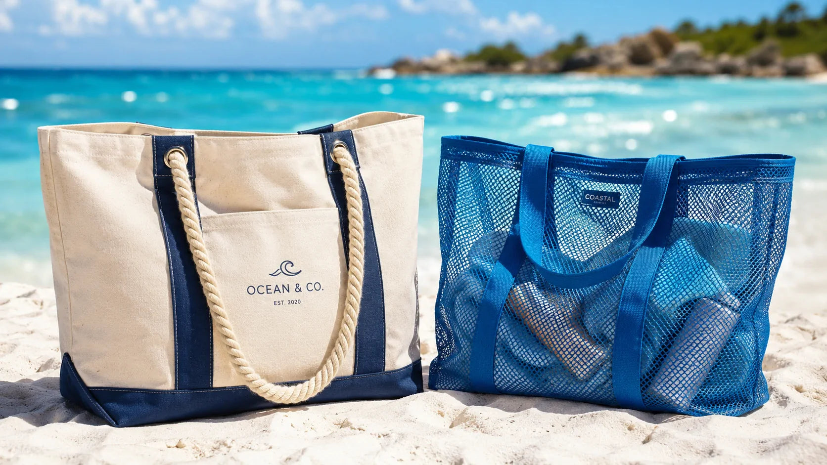A side-by-side comparison of a premium canvas custom beach bag and a functional mesh beach bag on a sunny tropical beach.