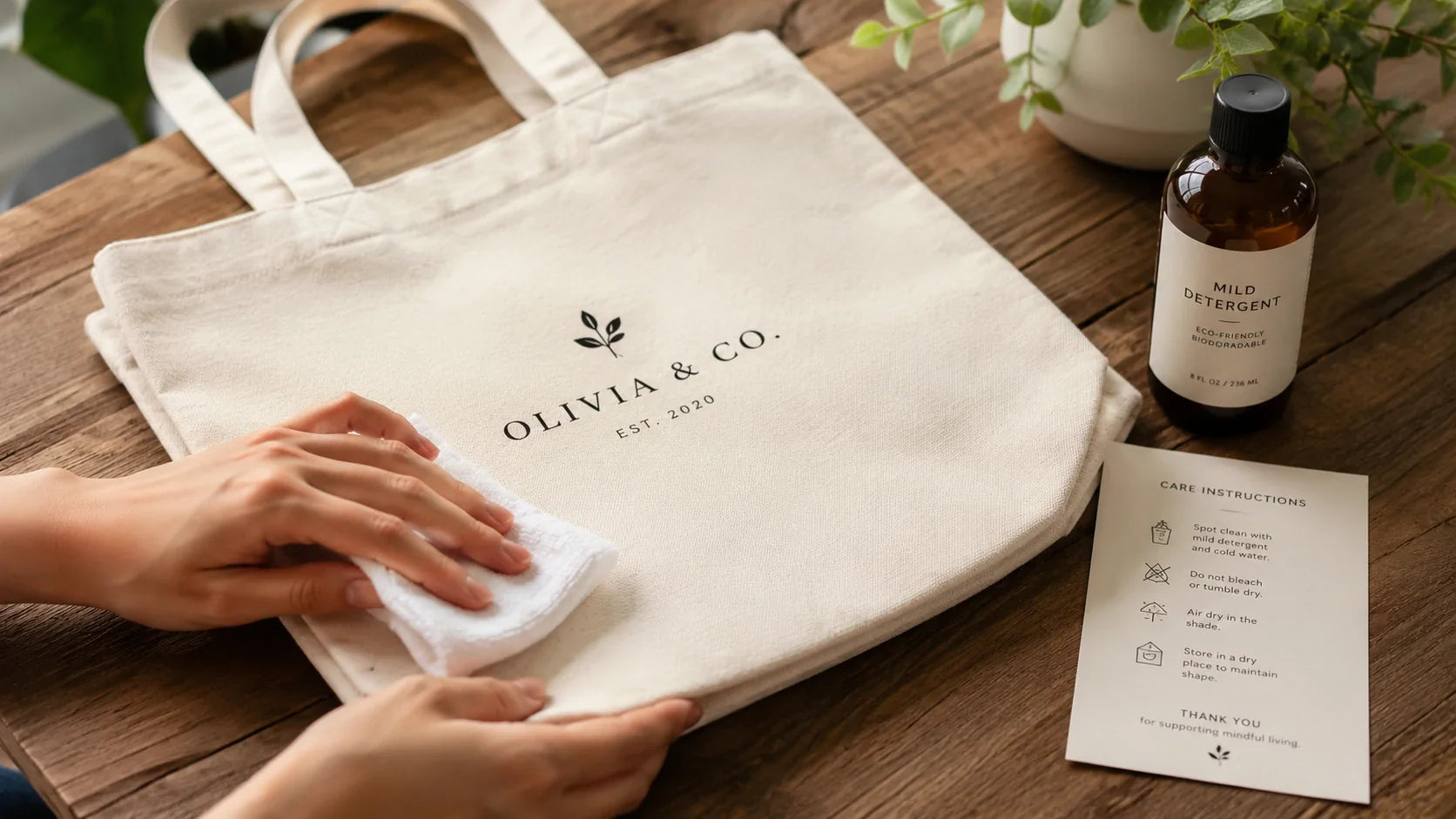 A person gently spot-cleaning a premium custom canvas tote bag with a damp cloth to preserve the print.